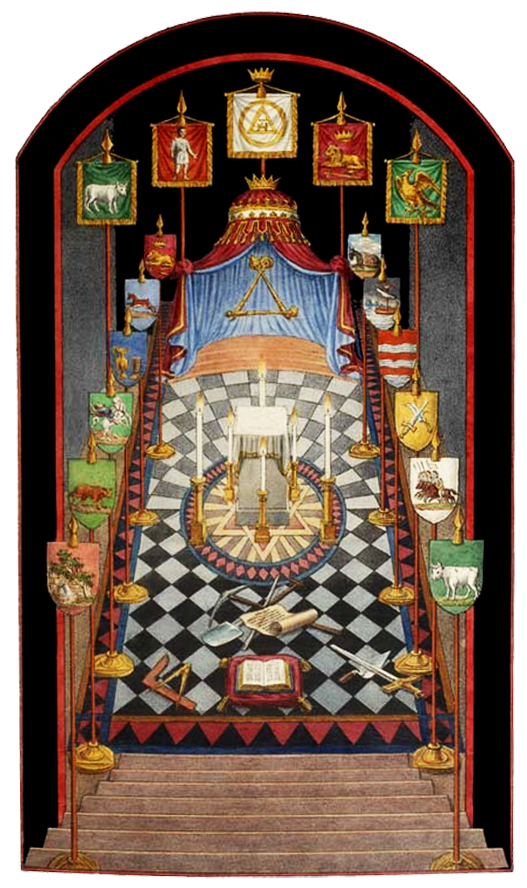 Illustration of a Chapter room prepared for the Royal Arch degree, with the veils, altar, and working tools
